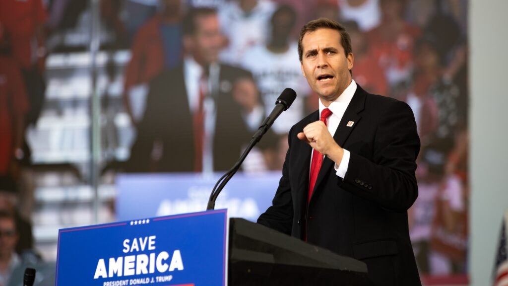 John Wahl speaking at a Save America rally